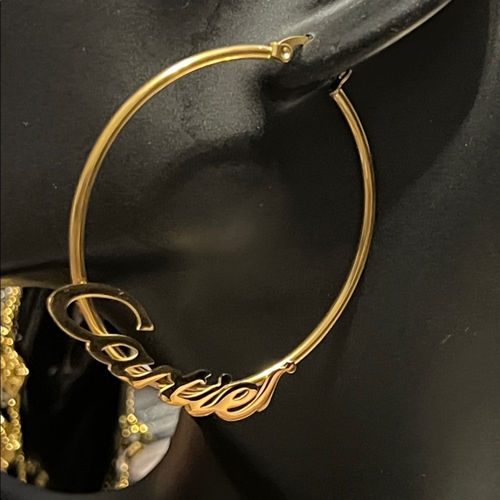 Gold Hoop Earrings with Script Design - Picture 4 of 4